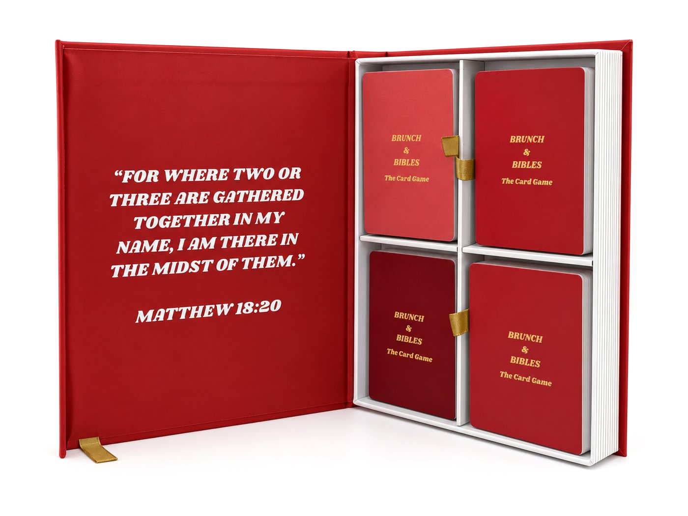 The Brunch & Bibles box open: Matthew 18:20 inside the cover and four card decks with gold ribbon pulls
